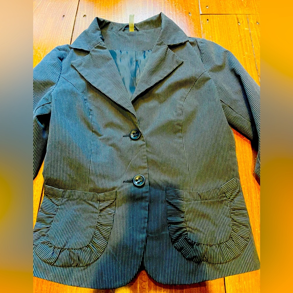 Dark navy blue almost black striped jacket with embellished pockets. Size M/S